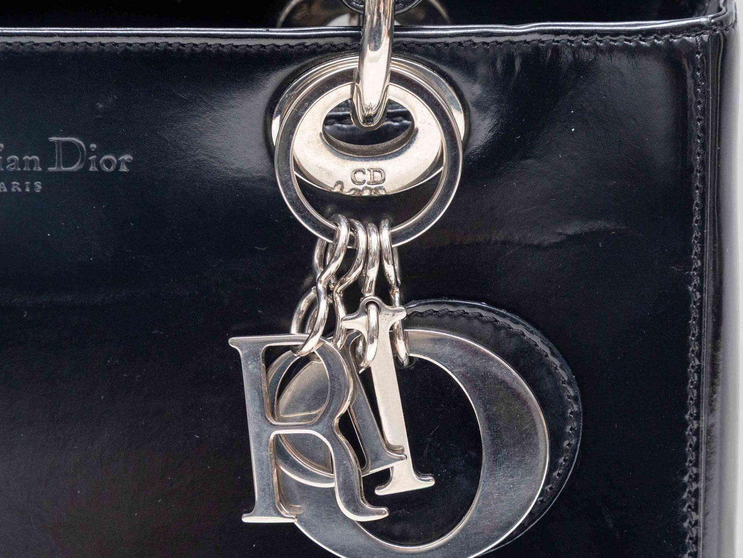 Black Christian Dior Medium Patent Lady Dior Bag