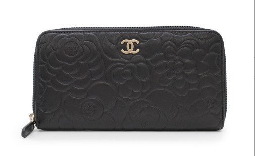 Chanel Camellia Long Wallet Black Round Fastener Lambskin Coco Mark