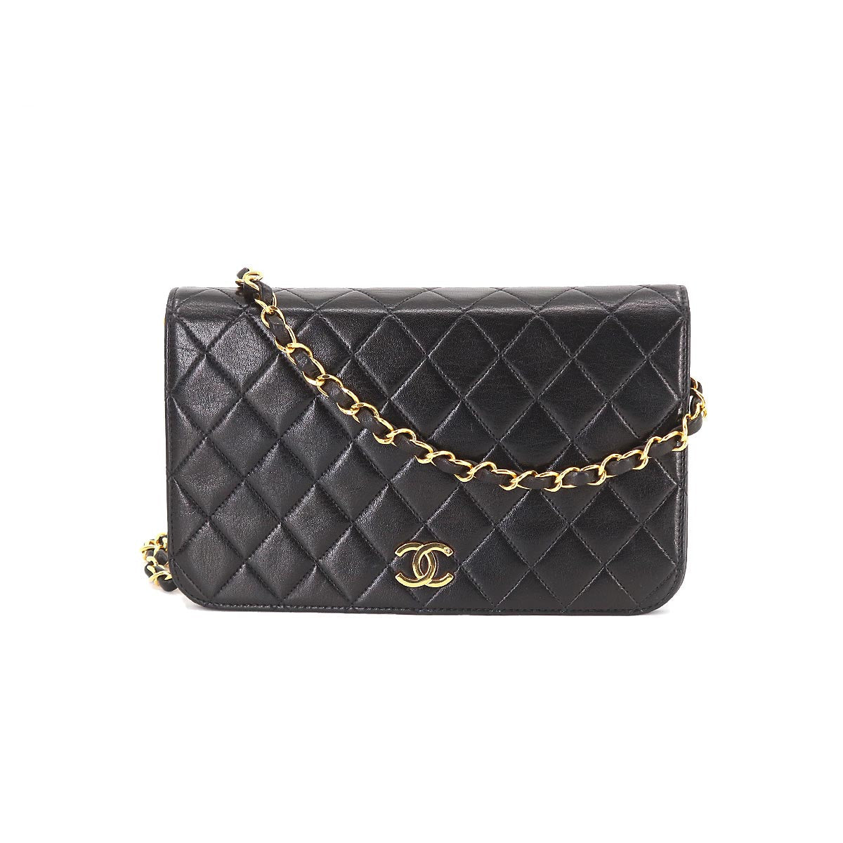 Chanel Matelasse Chain Shoulder Bag Leather Black Gold Hardware Push Lock