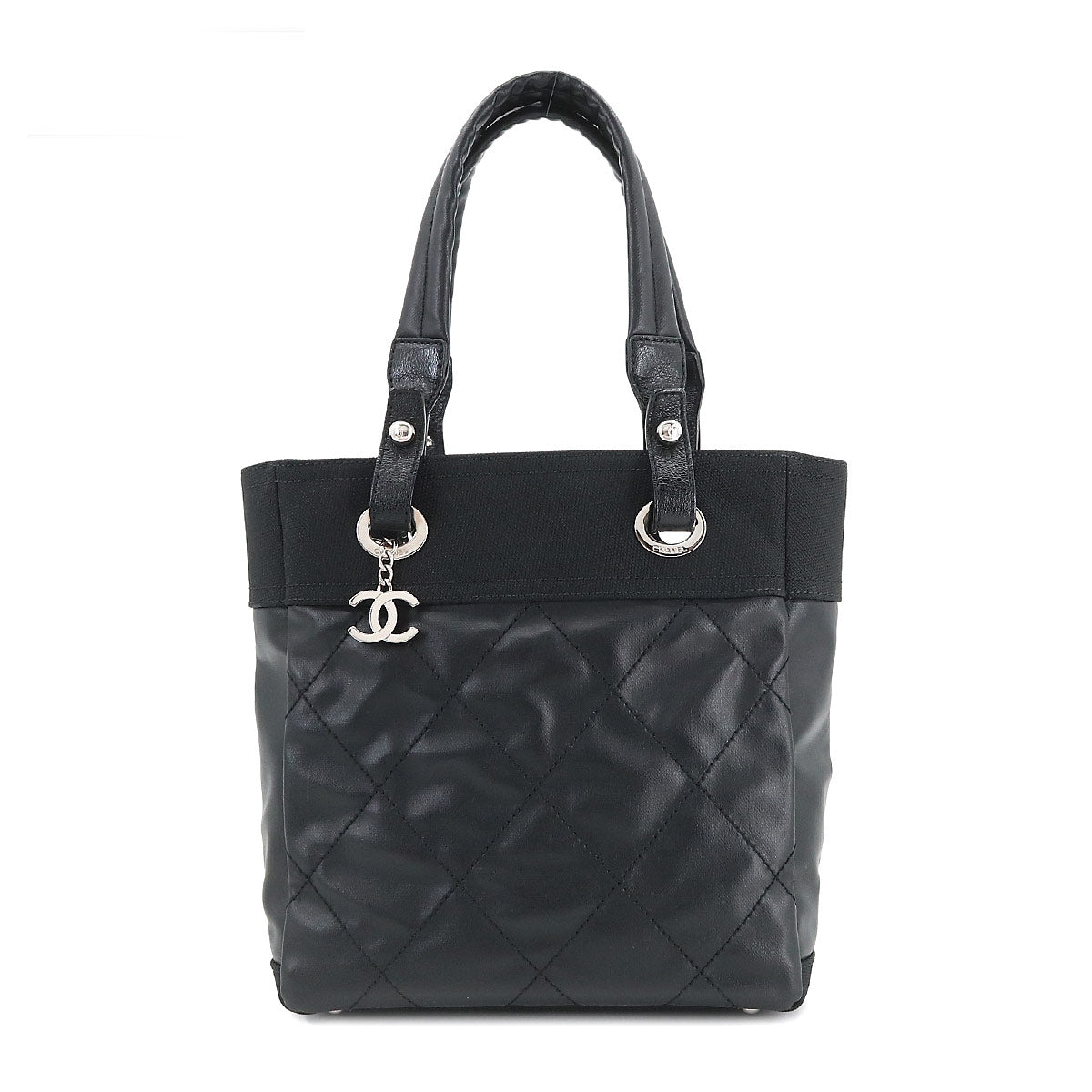 Chanel Paris Biarritz PM Tote Bag Pvc Nylon Leather Black