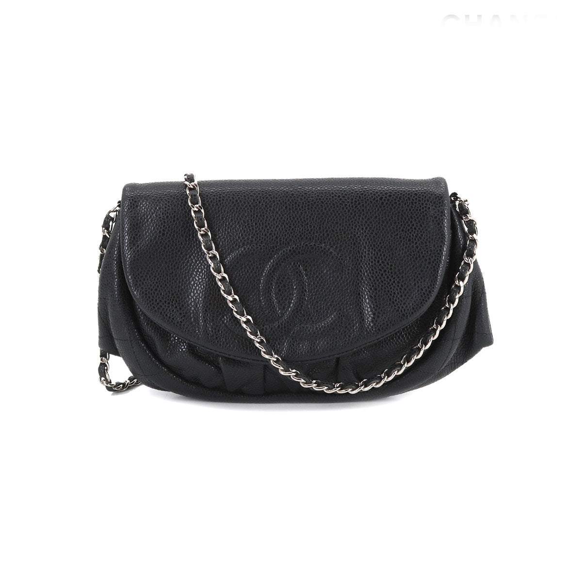 Chanel Half Moon Chain Wallet Folio Long Wallet Caviar Skin Black