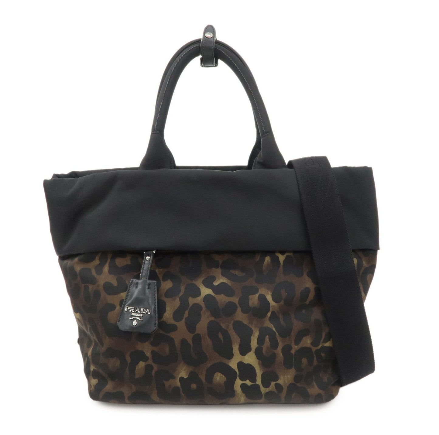 PRADA Logo Nylon 2Way Hand Tote Shoulder Bag Leopard Black B1959V