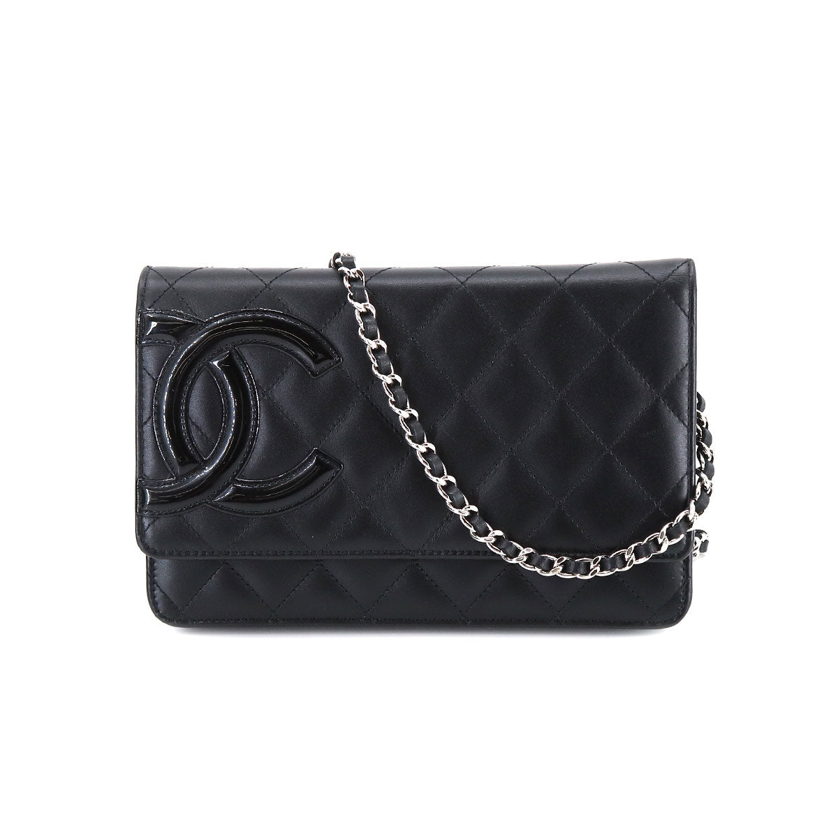 Chanel Cambon Line Chain Wallet Bifold Long Wallet Leather Enamel Black Silver Metal Fittings