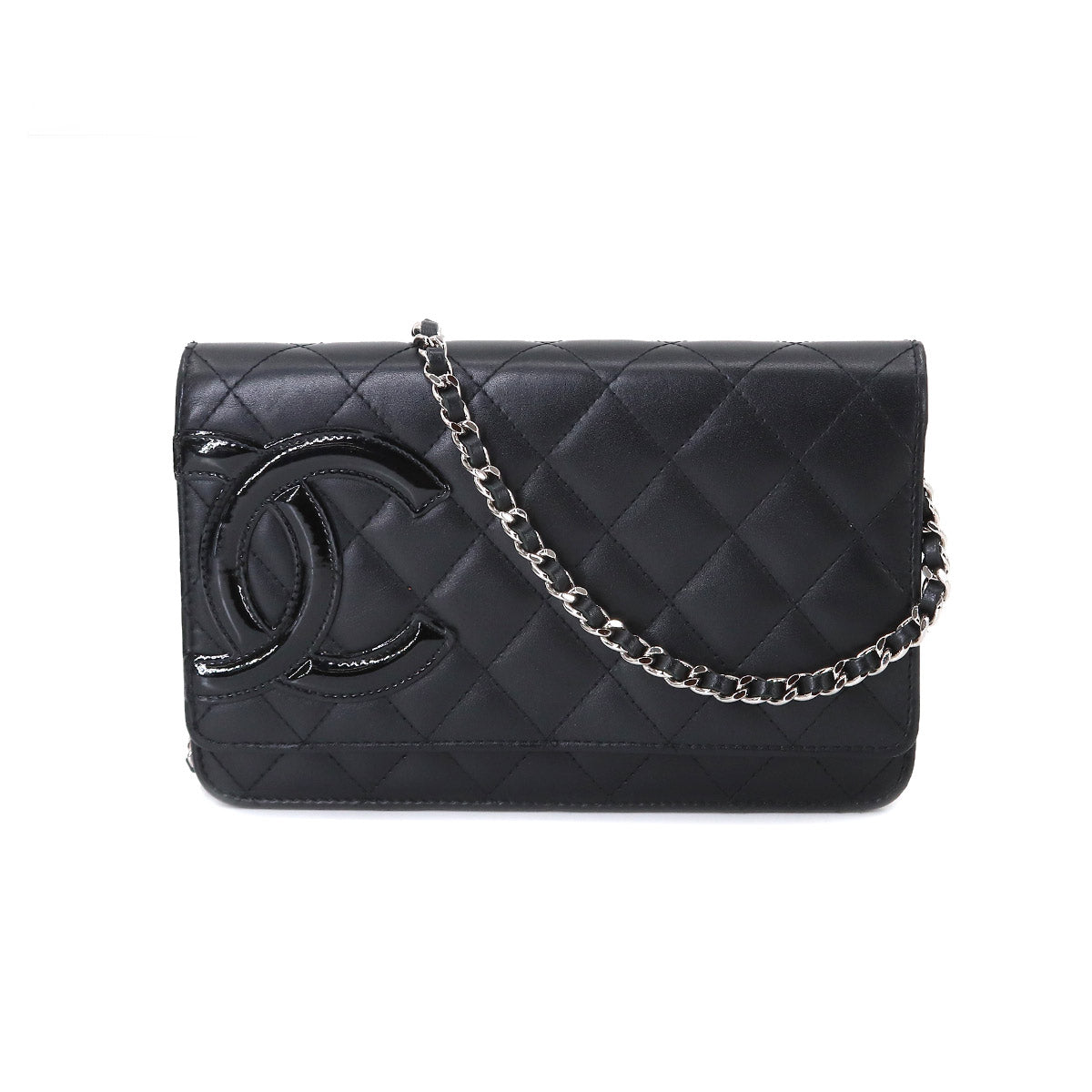 Chanel Cambon Line Chain Wallet Folio Long Wallet Leather Enamel Black Silver Metal Fittings