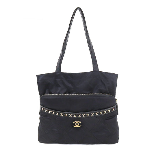 Chanel Quilted Tote Clutch Bag Nylon Leather Black Coco Mark Gold Hardware