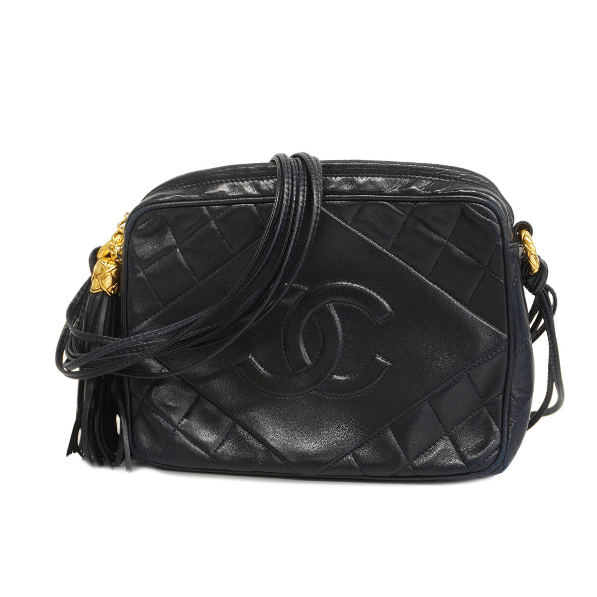 Chanel Shoulder Bag Matelasse Fringe Lambskin Navy