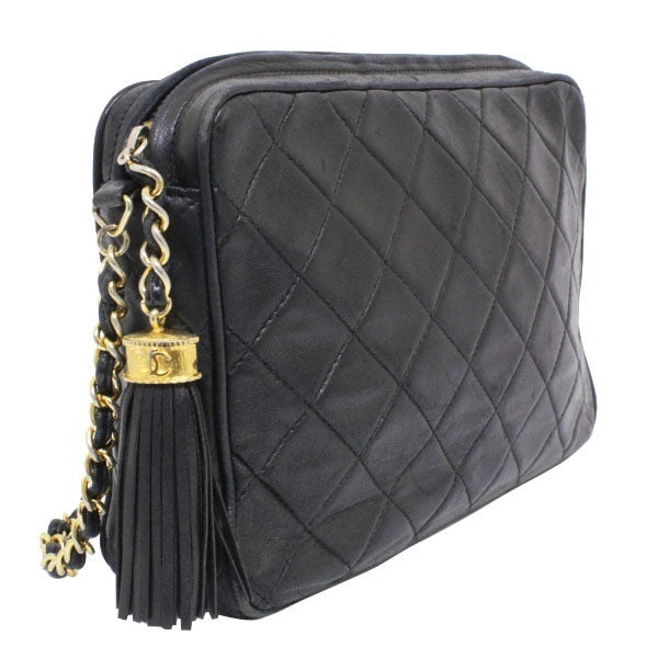 Chanel Matelasse Chain Shoulder Bag Lambskin Fringe Black