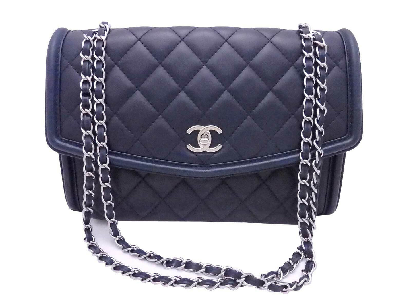 Auth Chanel Matelasse Chain Shoulder Bag Navy Leather/silvertone