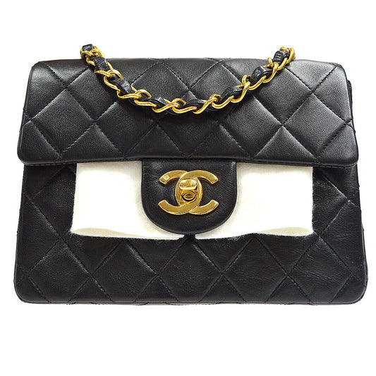 Chanel Classic Flap Mini Square Chain Shoulder Bag Black Lambskin