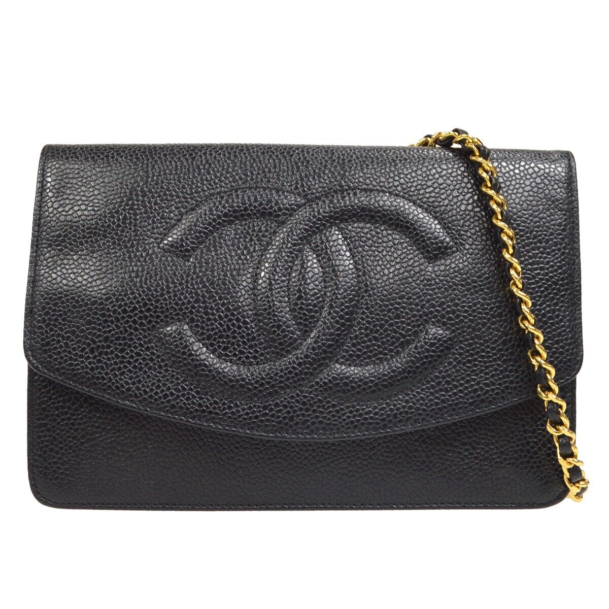 Chanel CC Chain Shoulder Wallet Bag Purse Black Caviar Skin