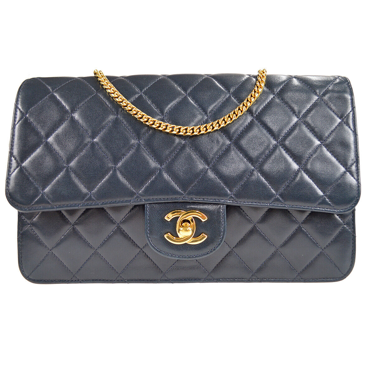 Chanel Classic Single Flap Medium Shoulder Bag Navy Lambskin