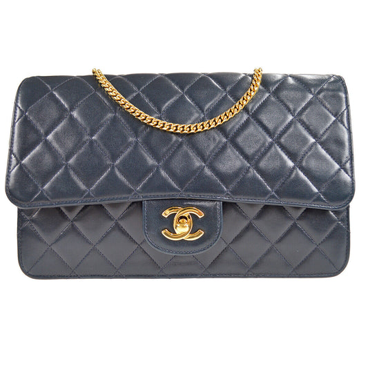 Chanel Classic Single Flap Medium Shoulder Bag Navy Lambskin