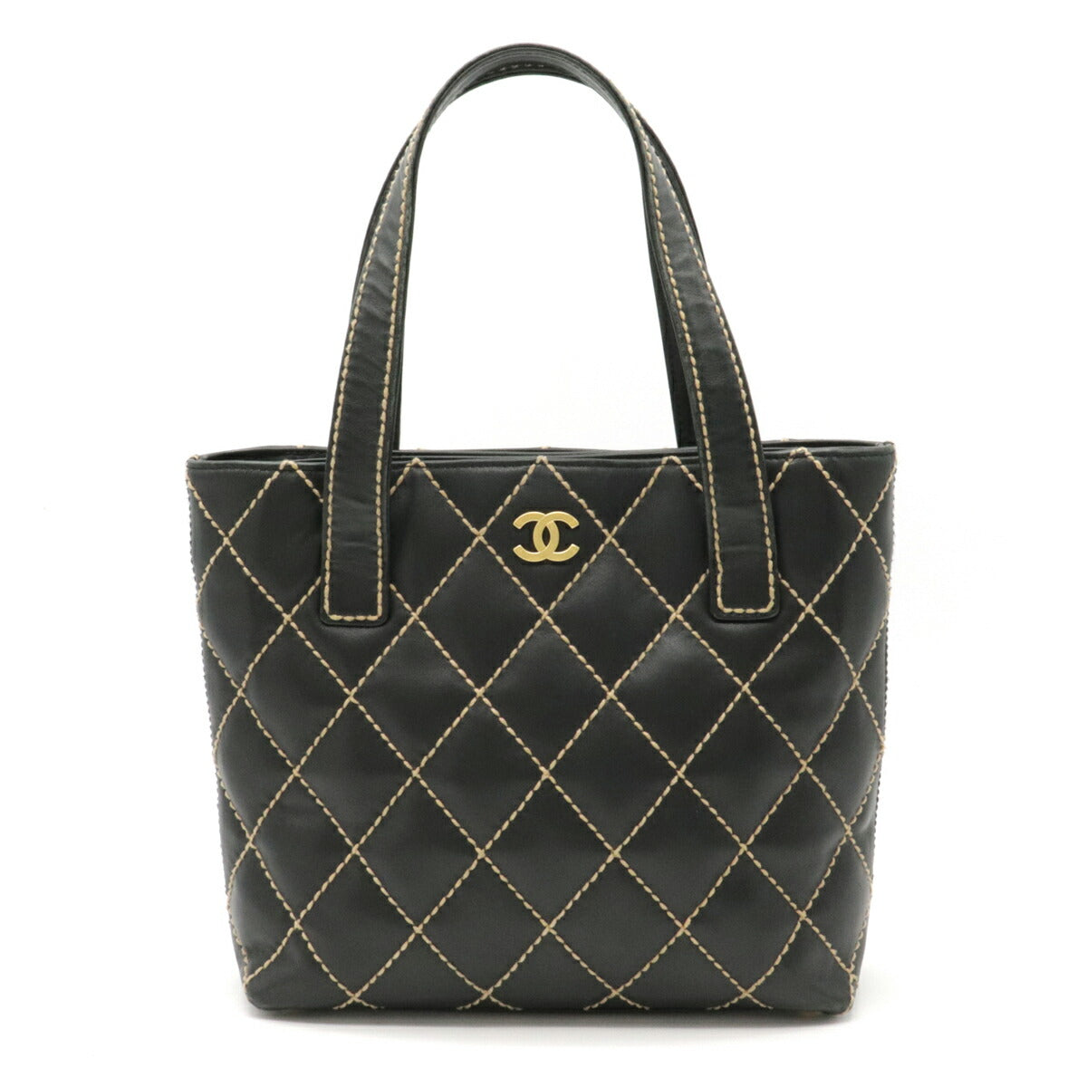 Chanel Wild Stitch Handbag Tote Bag Cocomark Leather Black Gold Hardware