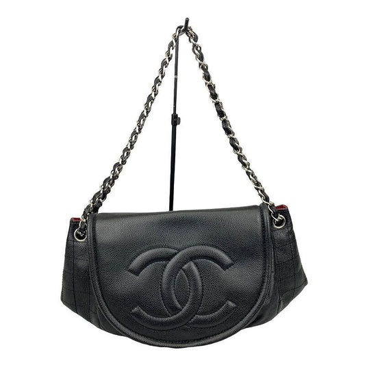 Chanel Half Moon Chain Shoulder Bag Black Silver Hardware Caviar Skin