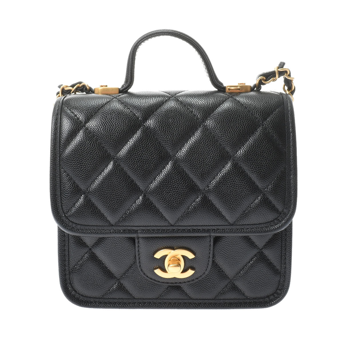 Chanel Small Top Handle Flap Bag Black Gold Hardware Grained Calfskin Shoulder Bag
