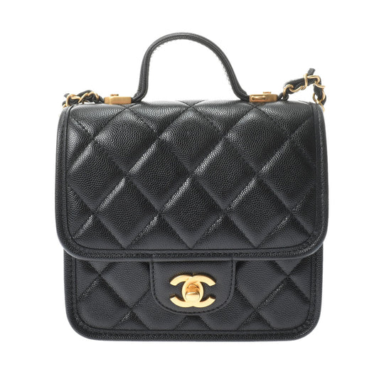 Chanel Small Top Handle Flap Bag Black Gold Hardware Grained Calfskin Shoulder Bag