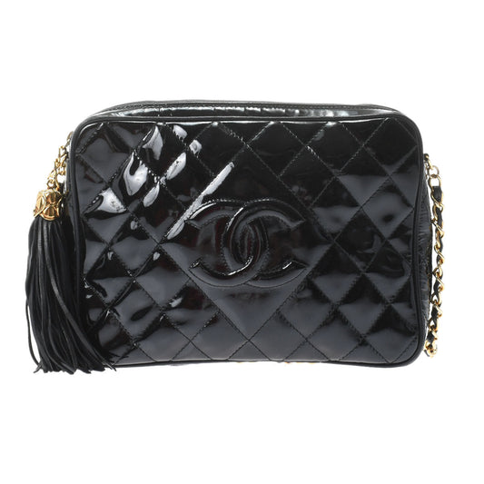 Chanel Matelasse Fringe Chain Shoulder Black Gold Hardware Patent Calfskin Shoulder Bag