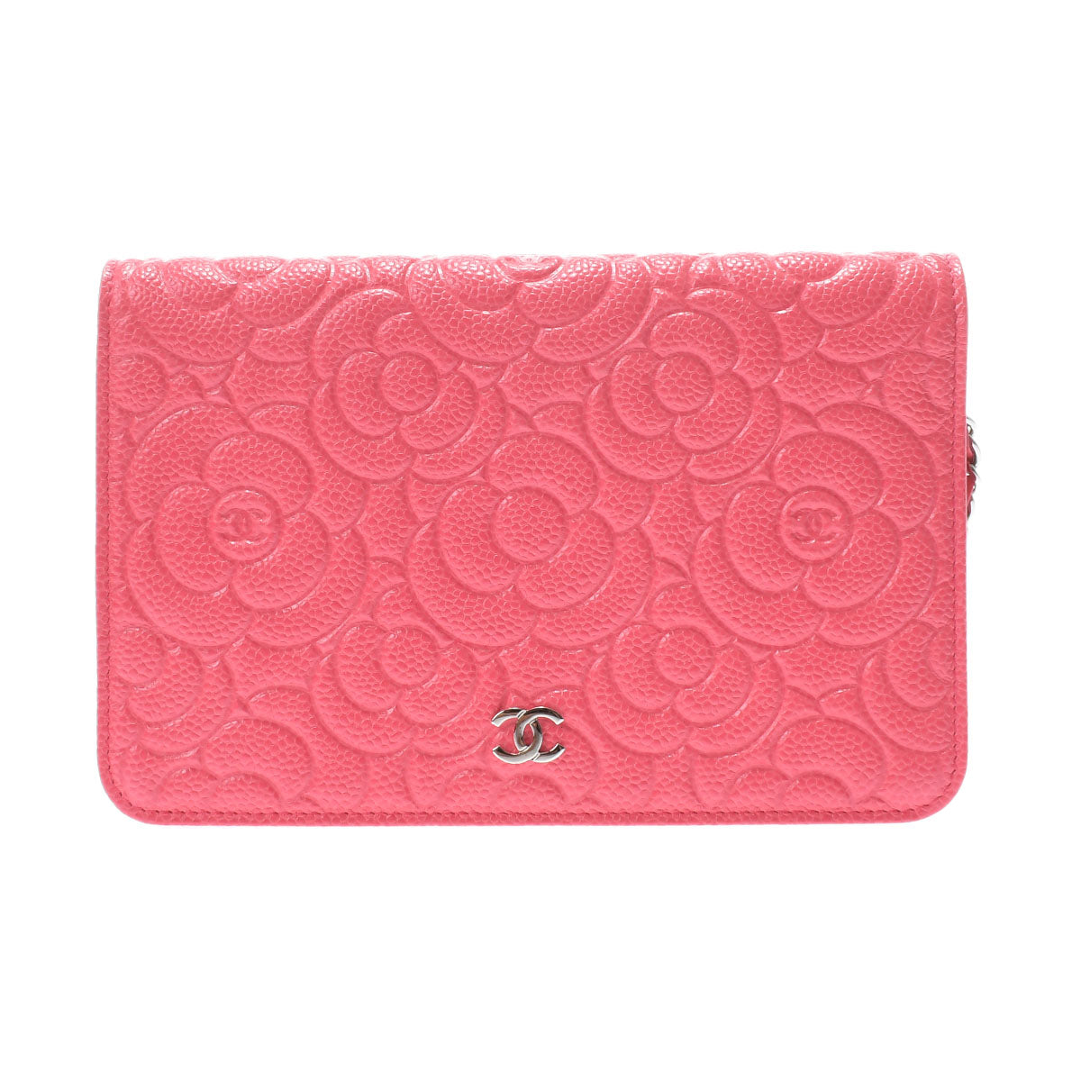 Chanel Camellia Chain Wallet Pink Silver Hardware Grained Calfskin Shoulder Bag