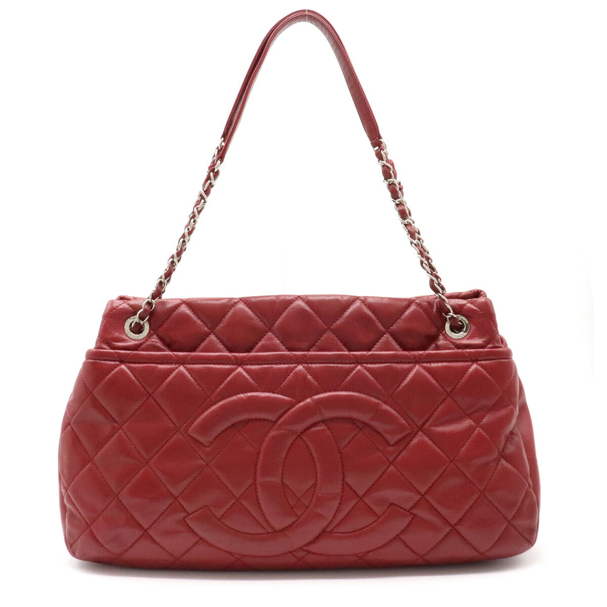 Chanel Matelasse Caviar Skin Here Mark Chain Tote Bag Leather Red Silver