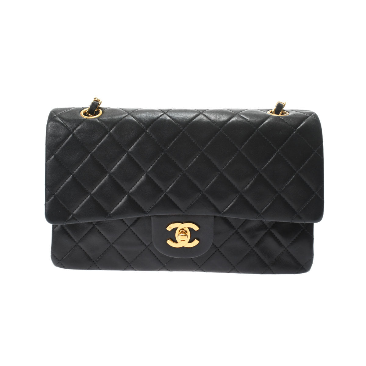 Chanel Matelasse W Flap W Chain Shoulder 25 Black Gold Hardware Lambskin Shoulder Bag