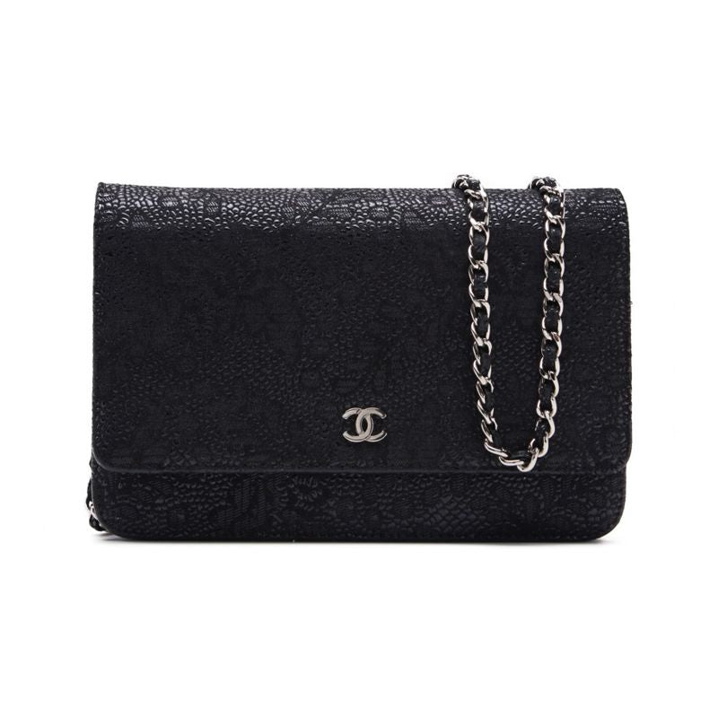 Chanel Floral Pattern Chain Wallet Leather Black