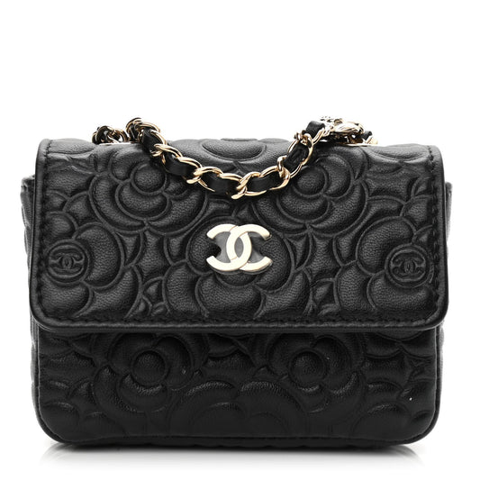 Chanel Lambskin Camellia Embossed Chain Belt Bag Black
