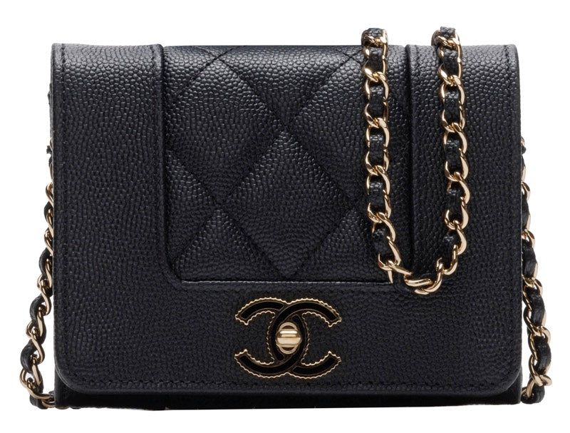 Chanel Mini Matelasse Push Lock Chain Caviar Skin Black