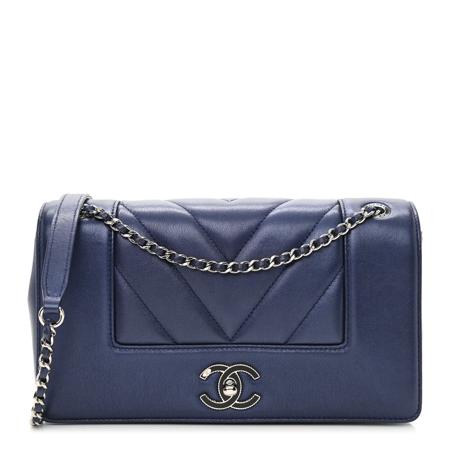 Chanel Metallic Sheepskin Chevron Quilted Medium Vintage Mademoiselle Flap Navy