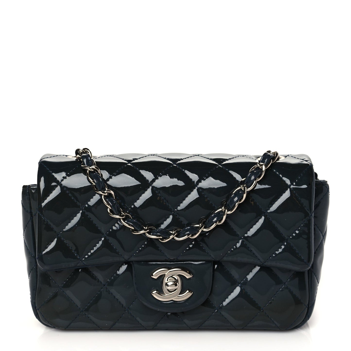 Chanel Patent Calfskin Quilted Mini Rectangular Flap Navy Blue