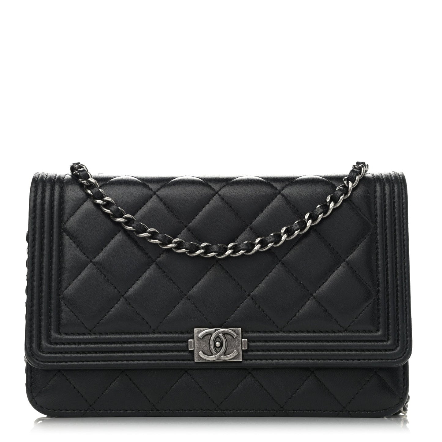 Chanel Lambskin Quilted Boy Wallet On Chain WOC Black