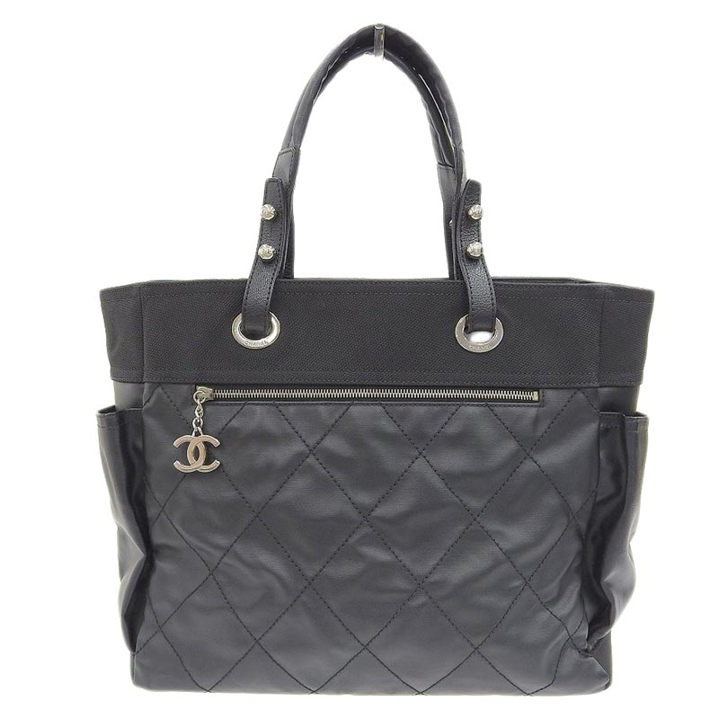 Chanel Paris Biarritz Tote Mm Tote Bag Leather Canvas Black