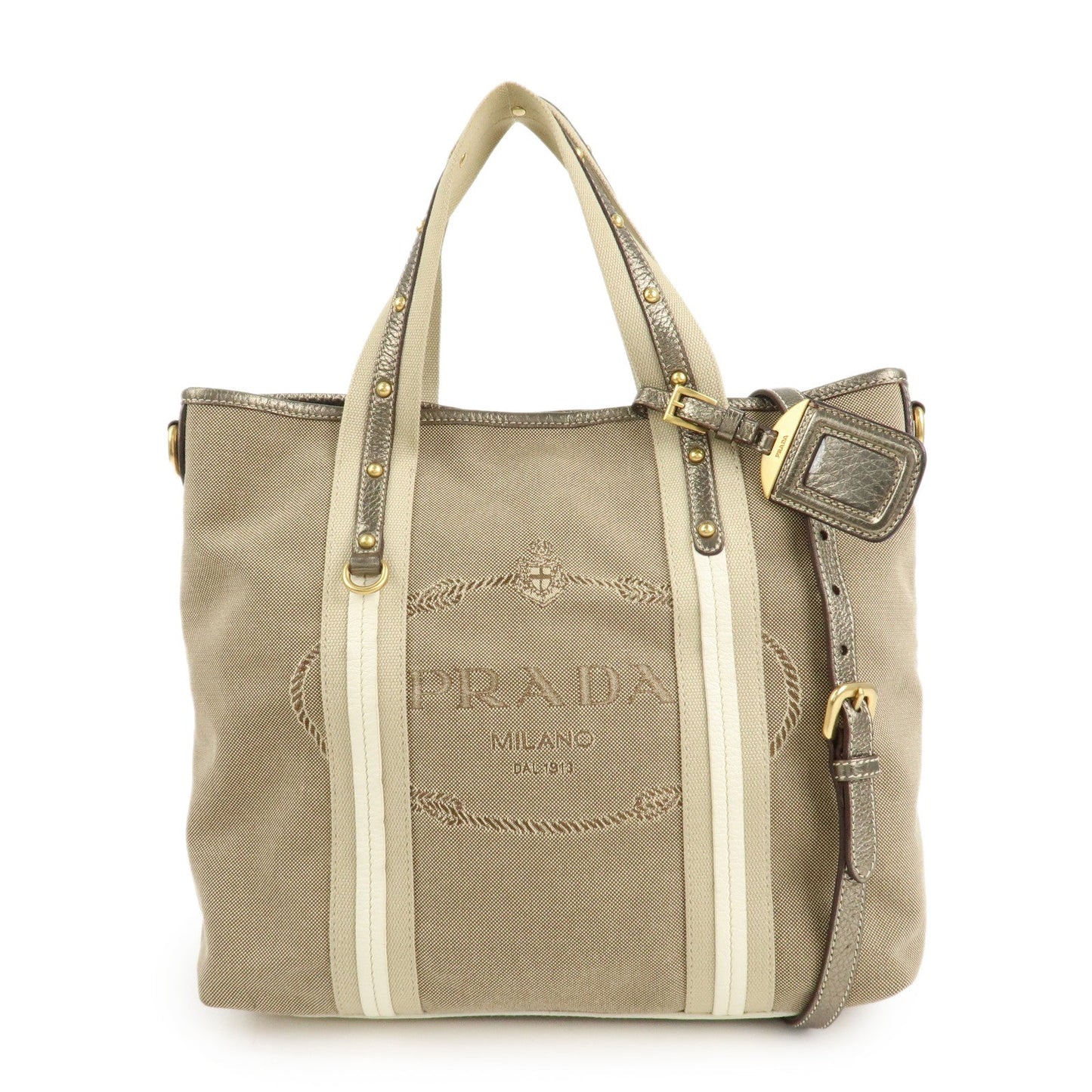 PRADA Nylon Jacquard 2Way Tote Shoulder Bag Beige BN1452