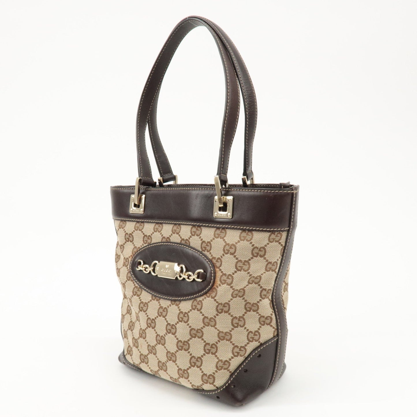 GUCCI GG Canvas Leather Tote Bag Hand Bag Beige Dark Brown 145994