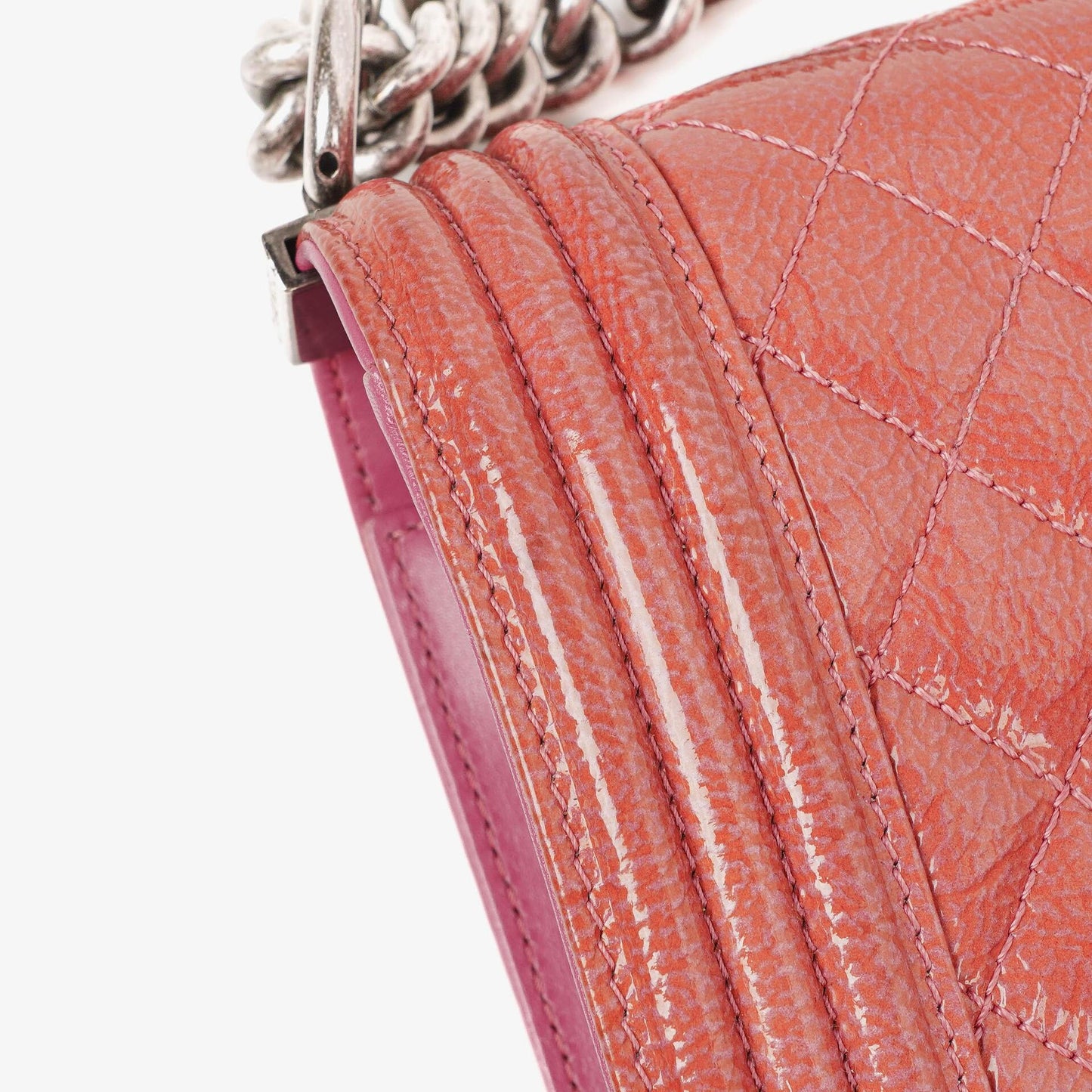Chanel Large Boy Pink Distressed Patent Quilted Flap Bag
