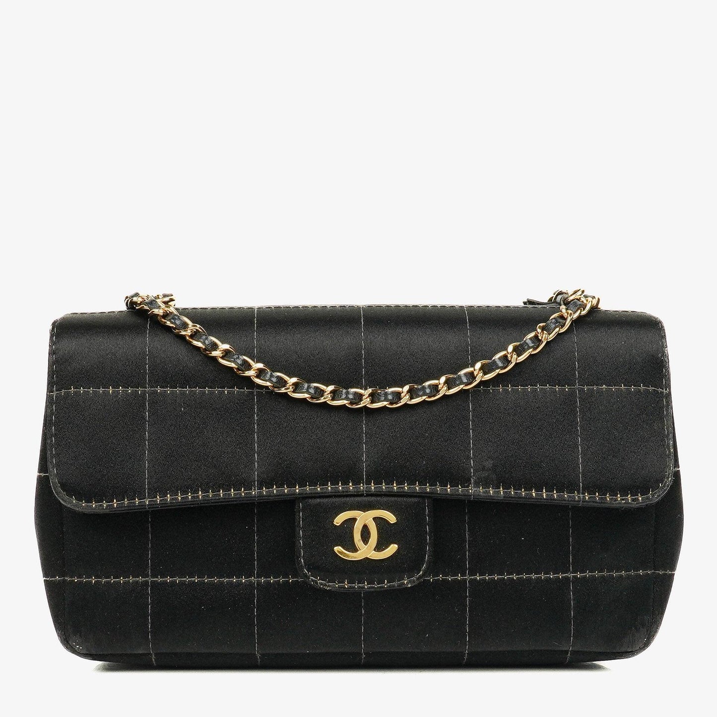 Chanel Black Satin Chocolate Bar Quilted Rectangular Mini Flap Bag