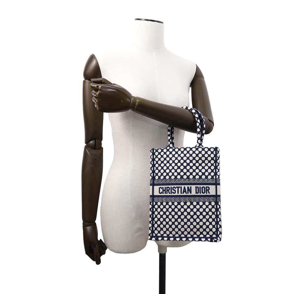Dior ?Vertical Book Tote Dot White/Navy Canvas