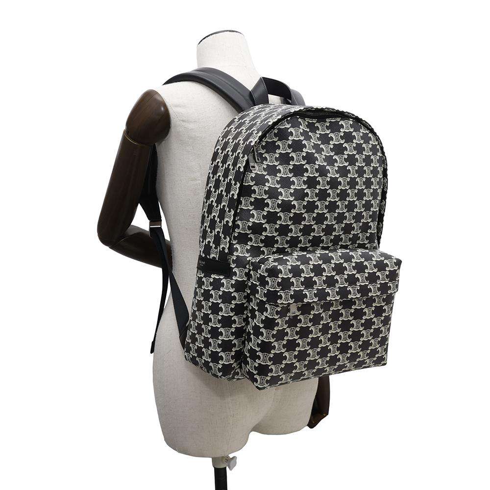 CELINE Triomphe Backpack Black/White188382FSZ PVC Coated Canvas Leather