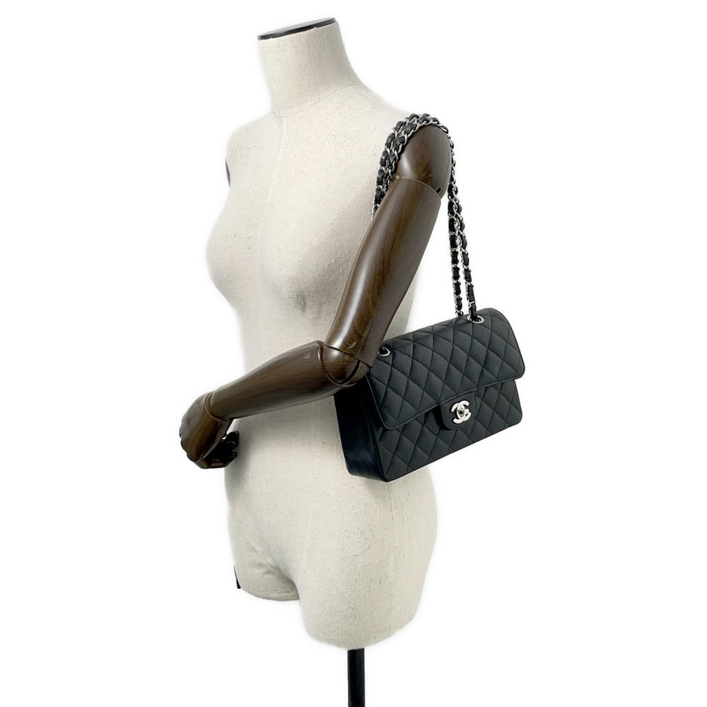 CHANEL Matelasse W Flap ChainShoulder Bag Black Caviar Leather Size 23