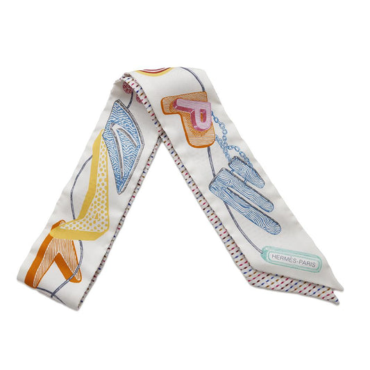 HERMES Twilly Chevroscope Neon Pointier Blanc/Rose/Vert Silk100%
