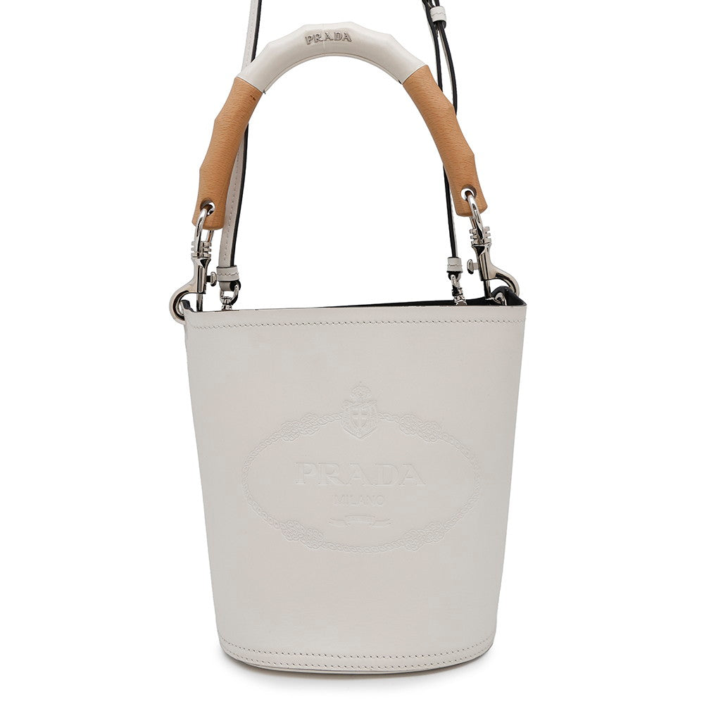 PRADA ?Tambour 2WAY Bucket Handbag White1BE048 Leather Wood