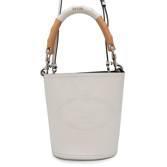 PRADA ?Tambour 2WAY Bucket Handbag White1BE048 Leather Wood