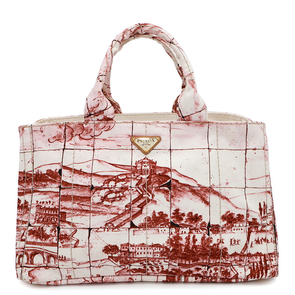 PRADA ?Canapa Tote Bag White/BordeauxB1872B Canvas