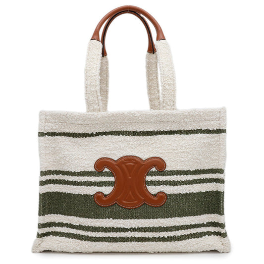 CELINE Triomphe Large Cabas Thais Tote Bag White/Green Canvas Leather Size Large