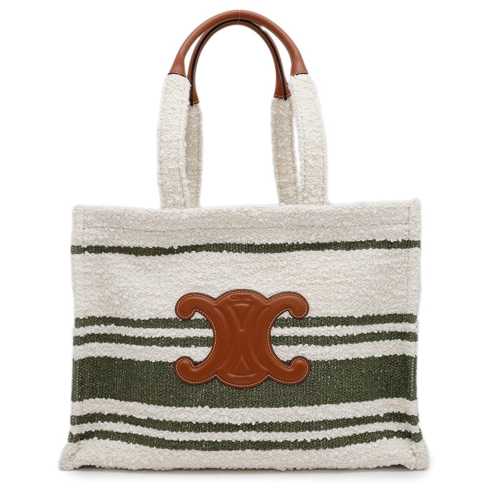 CELINE Triomphe Large Cabas Thais Tote Bag White/Green Canvas Leather Size Large