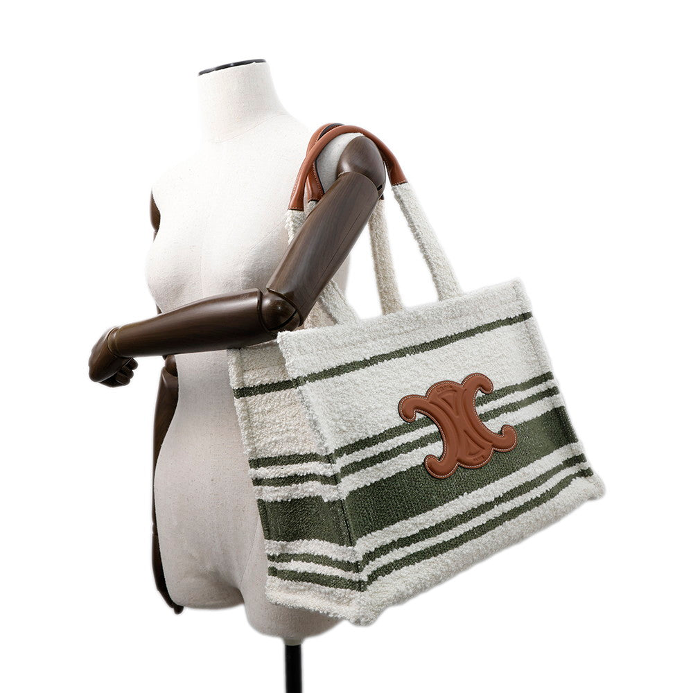CELINE Triomphe Large Cabas Thais Tote Bag White/Green Canvas Leather Size Large