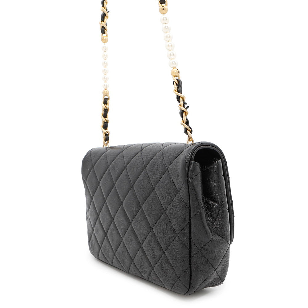 CHANEL Matelasse PearlChainShoulder Bag BlackAS3000 Shiny Calf Leather