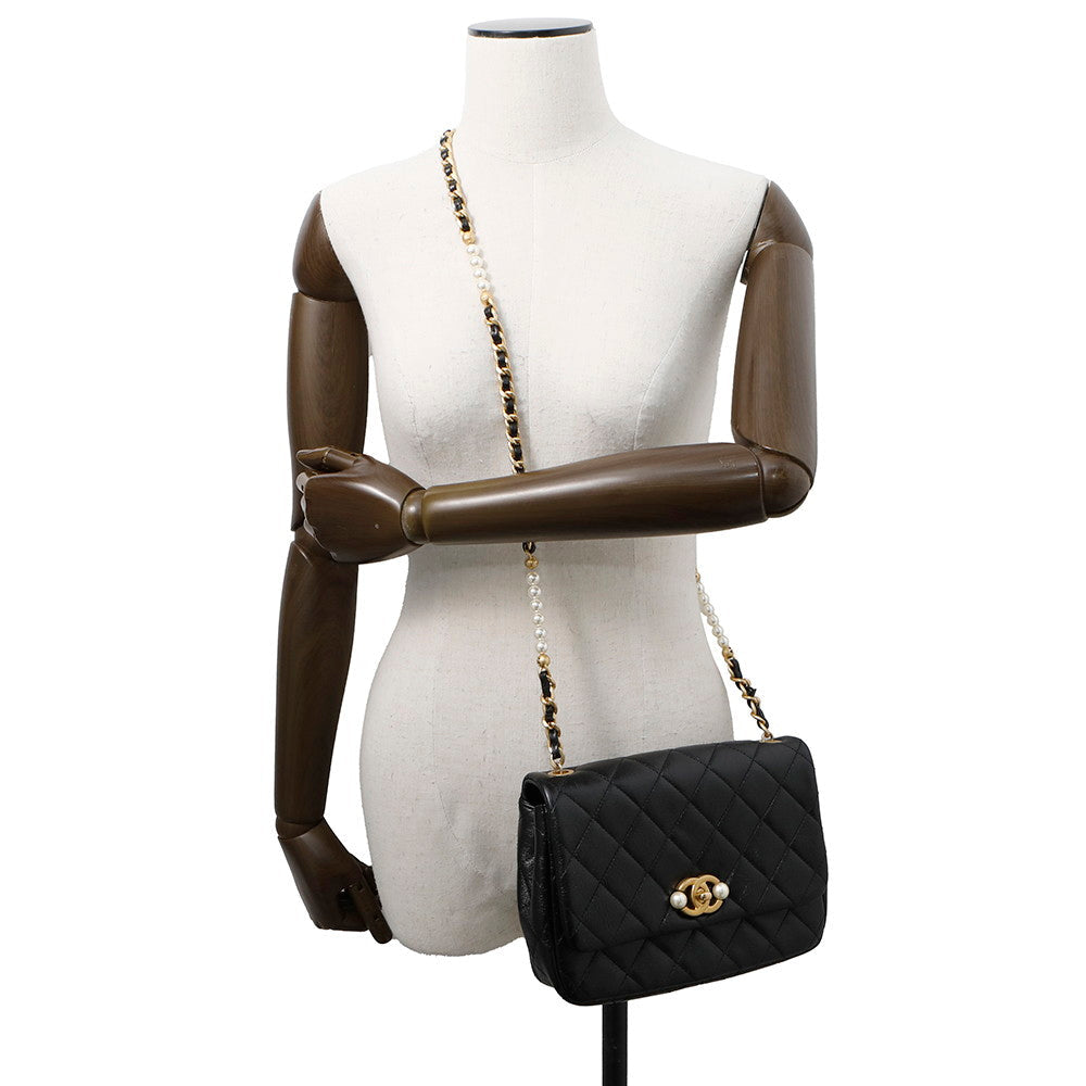 CHANEL Matelasse PearlChainShoulder Bag BlackAS3000 Shiny Calf Leather