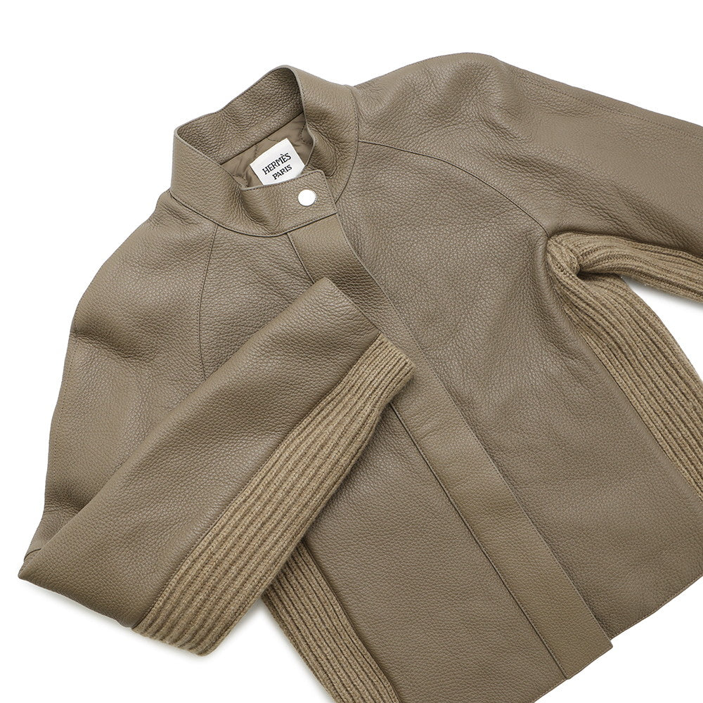 HERMES Jacket Size 40 Brown Deer Leather Cashmere 93% Polyester 7%