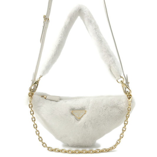 PRADA ?Triangle 2WAY Shoulder Bag White1BC543 Fur Leather
