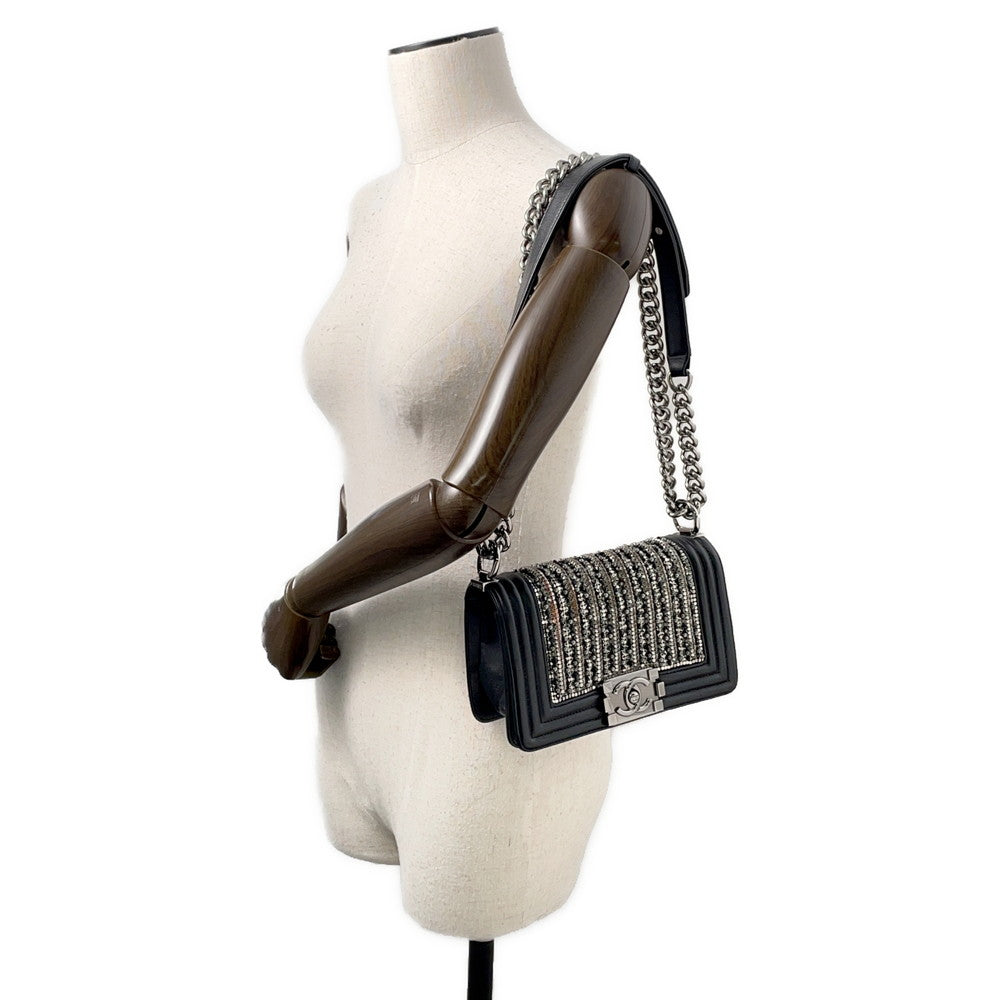 CHANEL Boy Chanel ChainShoulder Bag Black/Silver Lambskin Bijoux Size Small